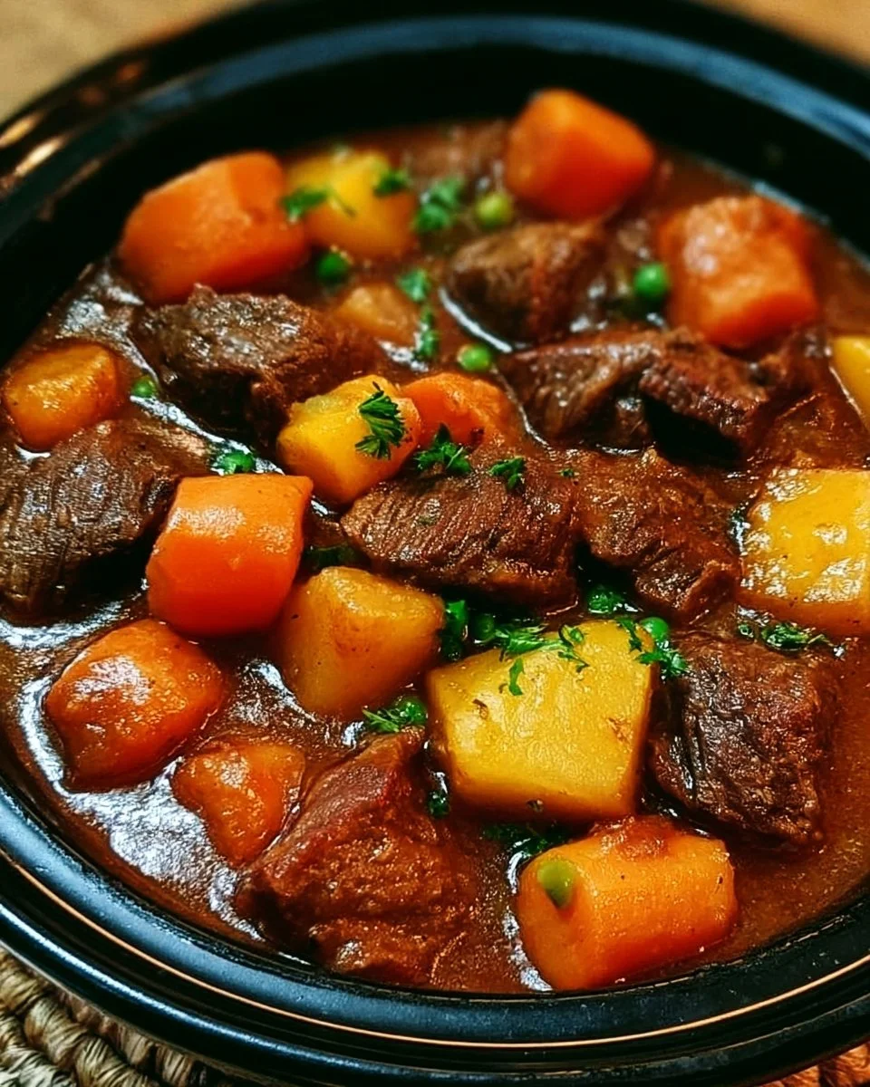 Delicious Pioneer Woman Crockpot Beef Stew simmering in a pot
