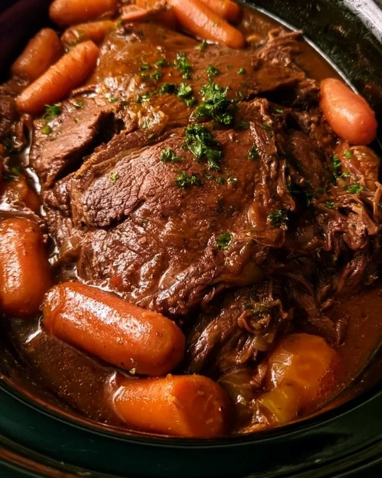 Delicious pot roast cooking in a crock pot for a perfect one-pot dinner