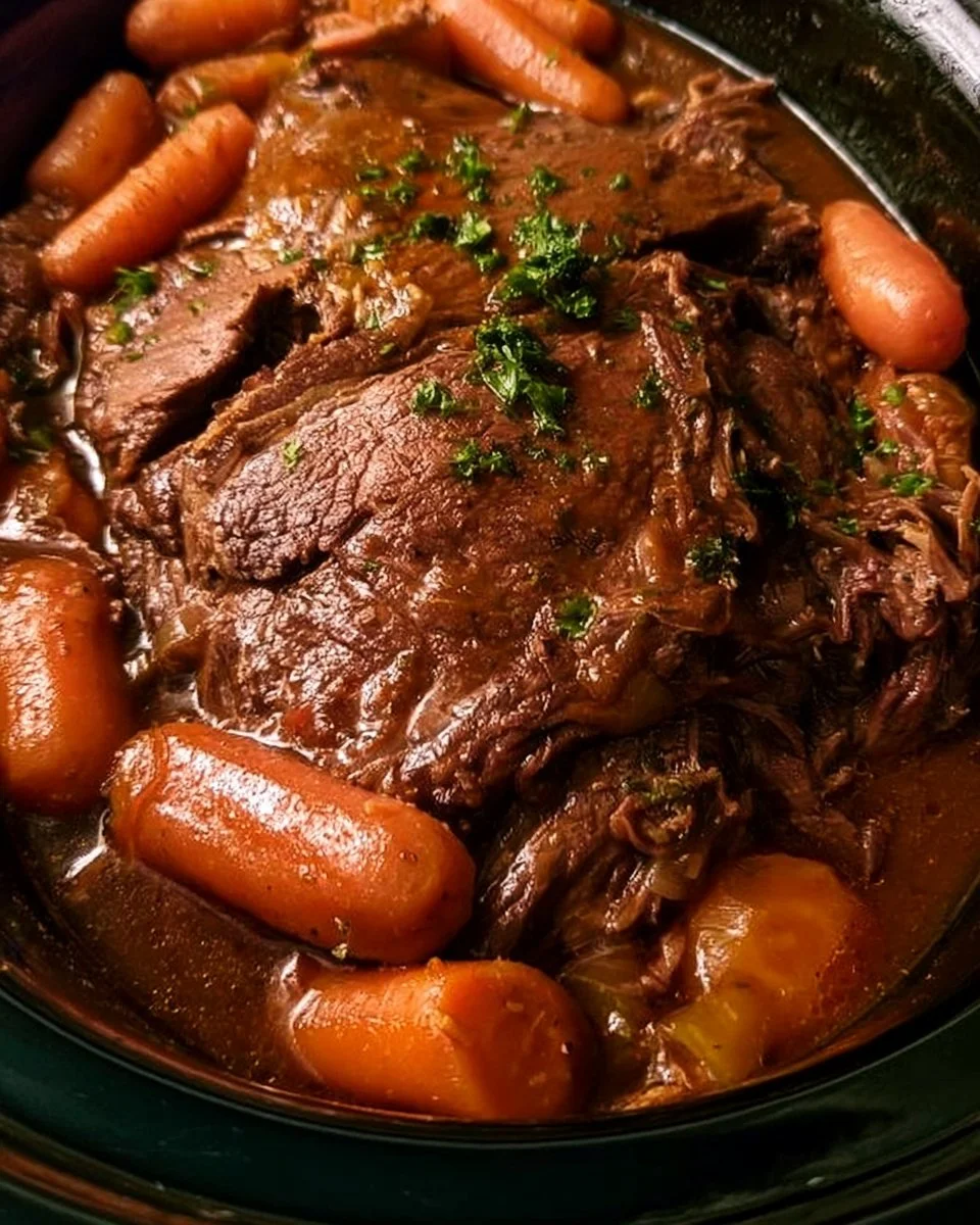 Delicious pot roast cooking in a crock pot for a perfect one-pot dinner