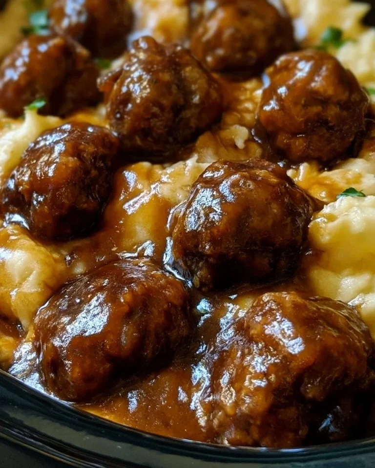One-pot Salisbury steak meatballs served with gravy and mashed potatoes.