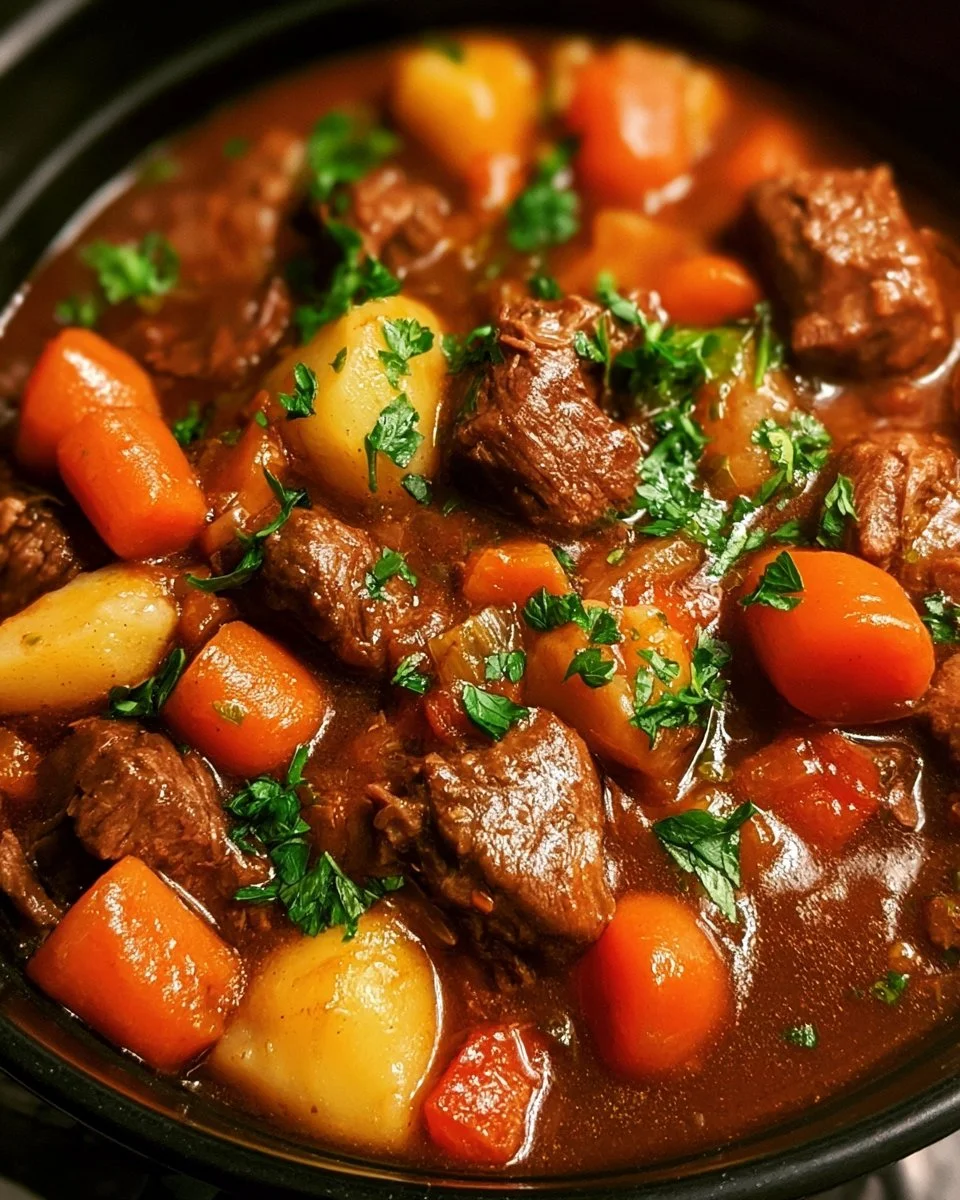 Bowl of simple beef stew with vegetables and herbs