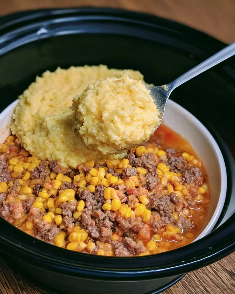 Slow cooker Amish corn beef casserole with corn and tender beef