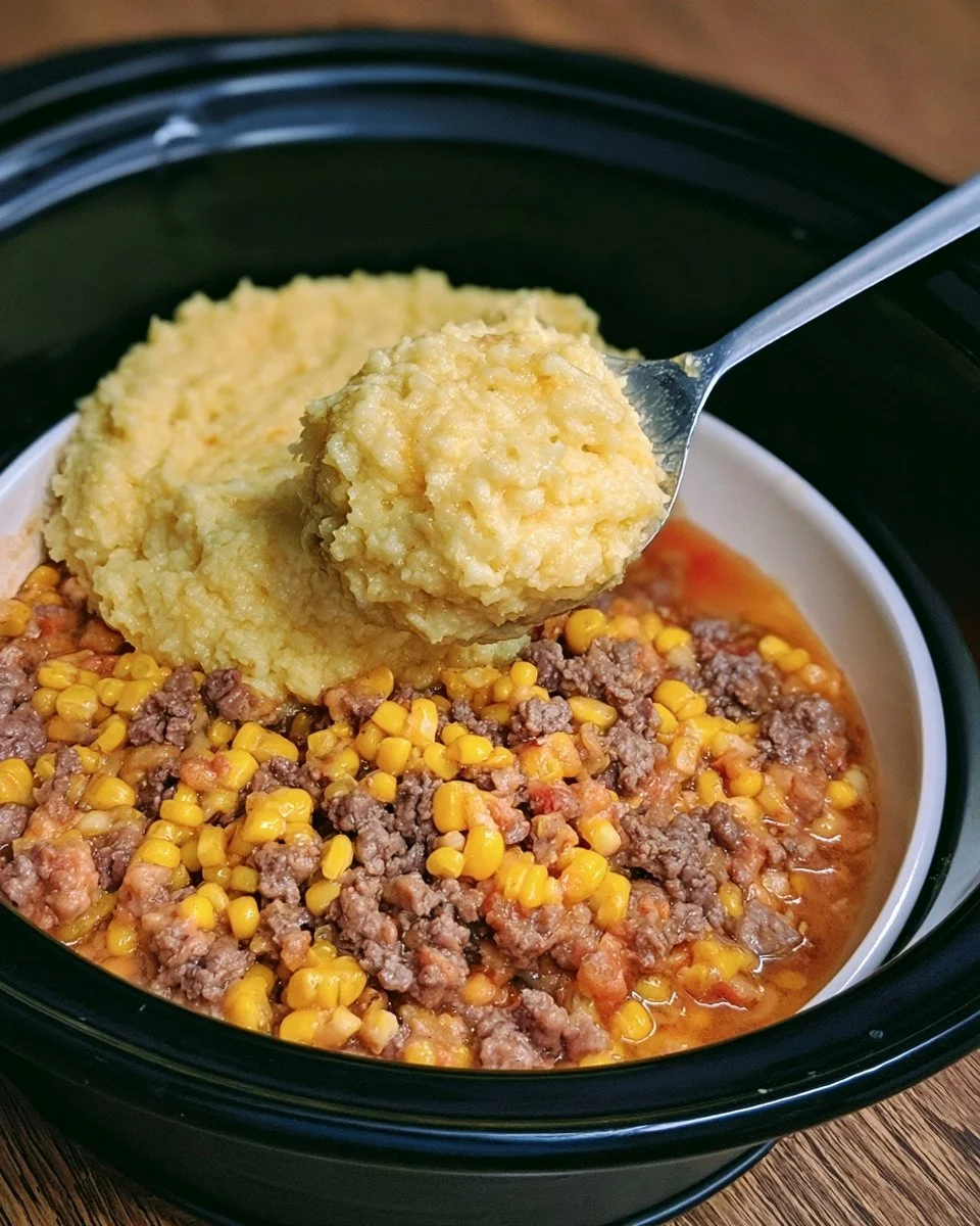 Slow cooker Amish corn beef casserole with corn and tender beef