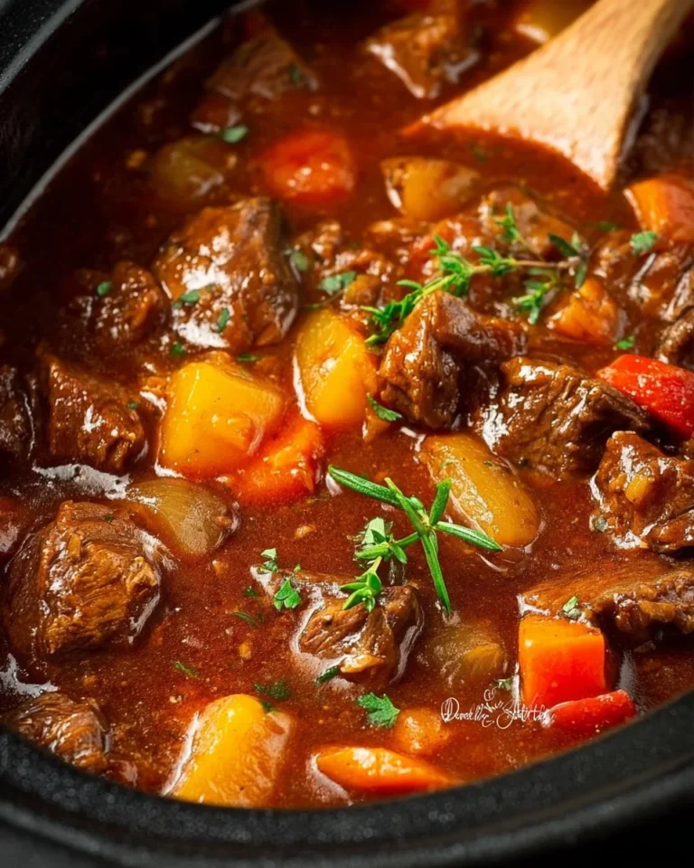 Delicious slow cooker beef stew with vegetables in a bowl