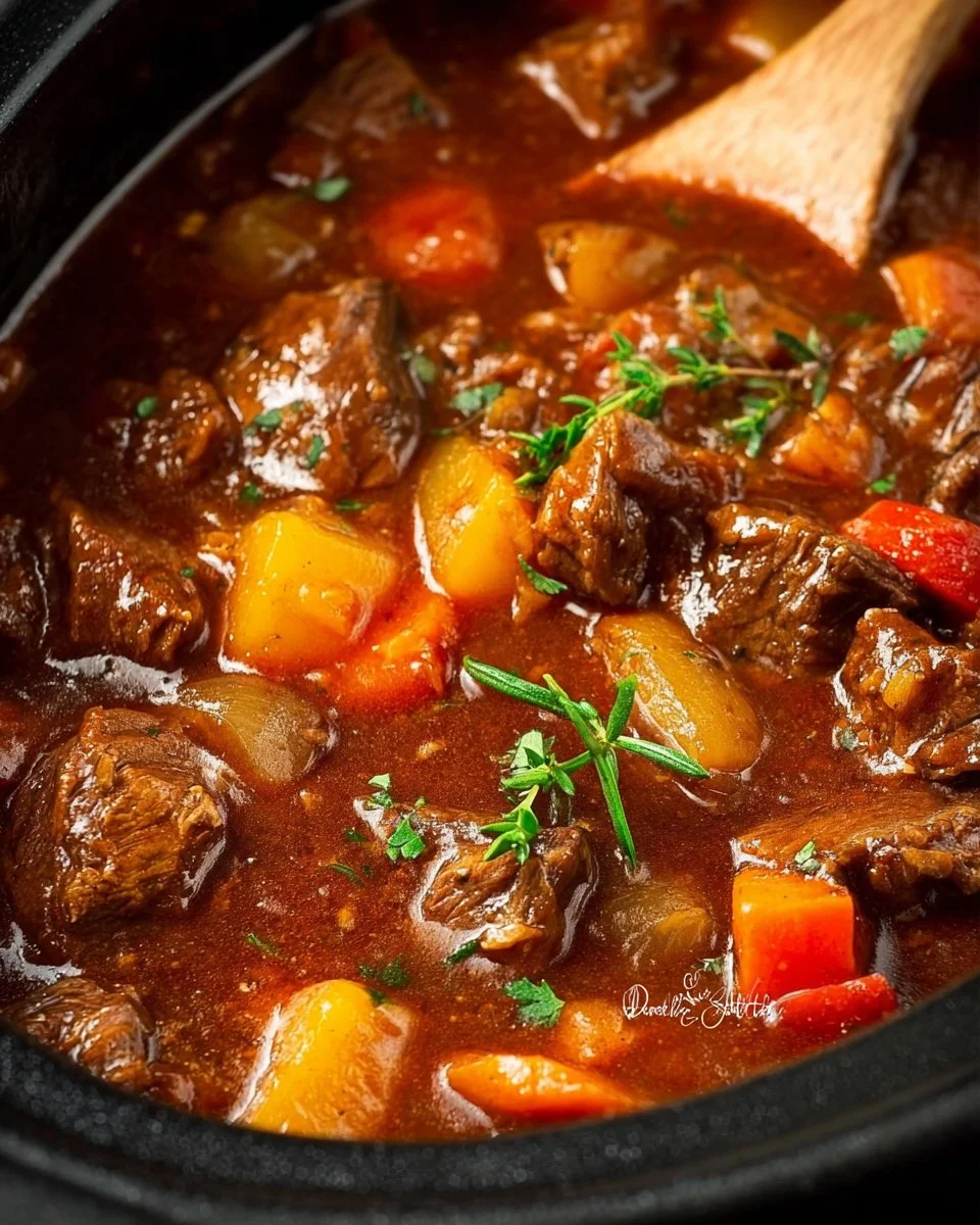 Delicious slow cooker beef stew with vegetables in a bowl