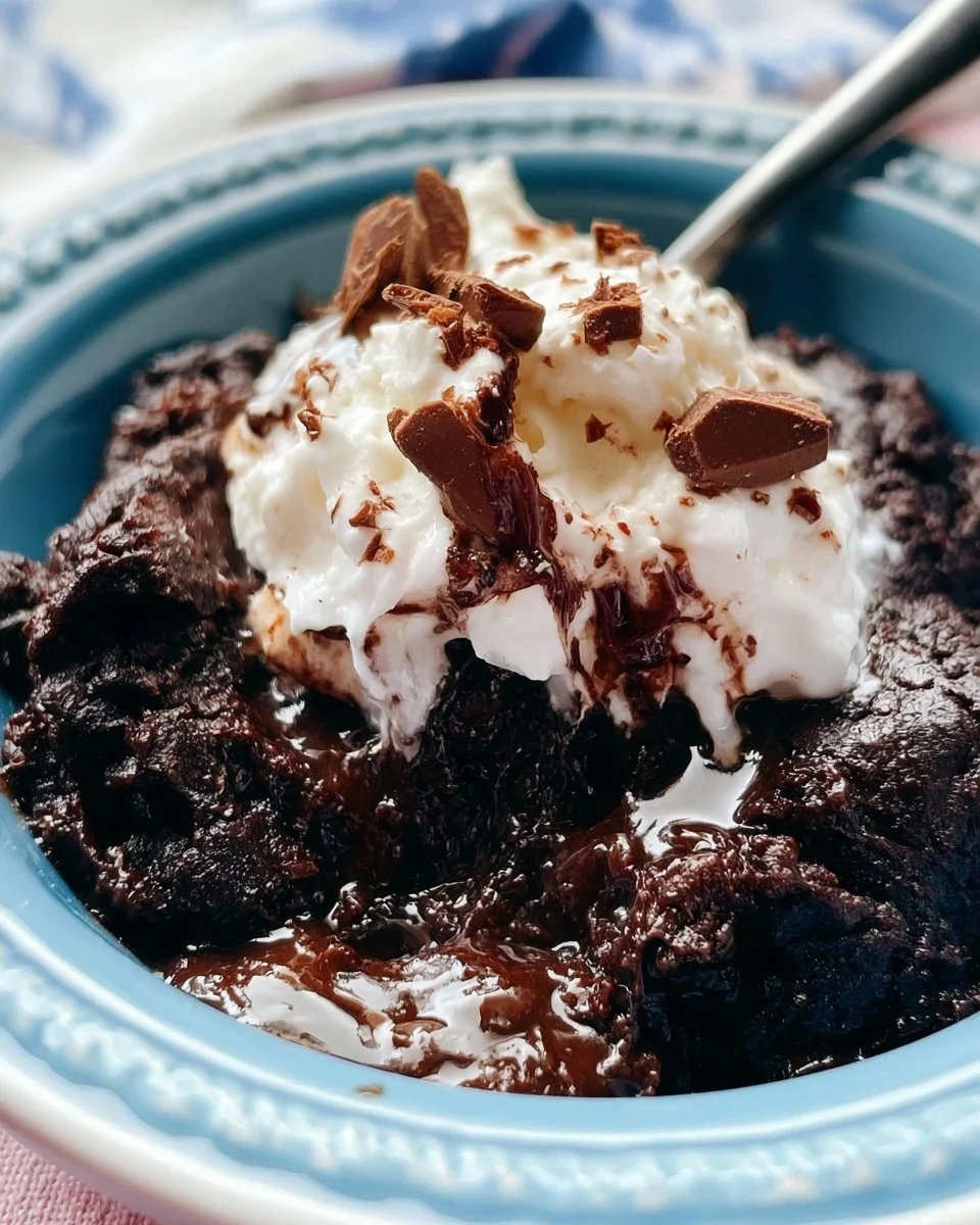 Delicious slow cooker brownie pudding served in a bowl with chocolate drizzle
