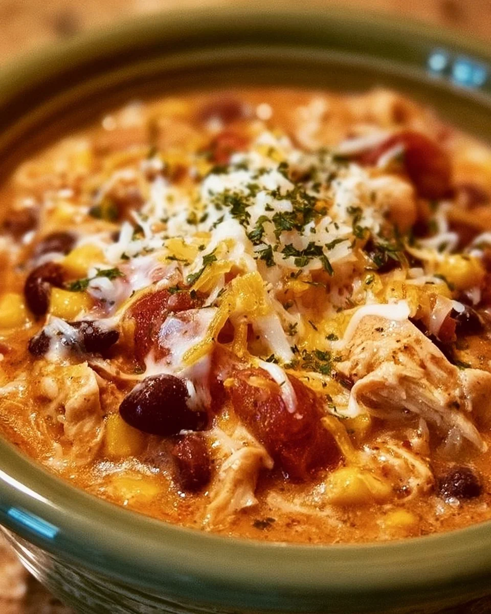 Bowl of slow cooker cheesy chicken chili topped with cheese and herbs