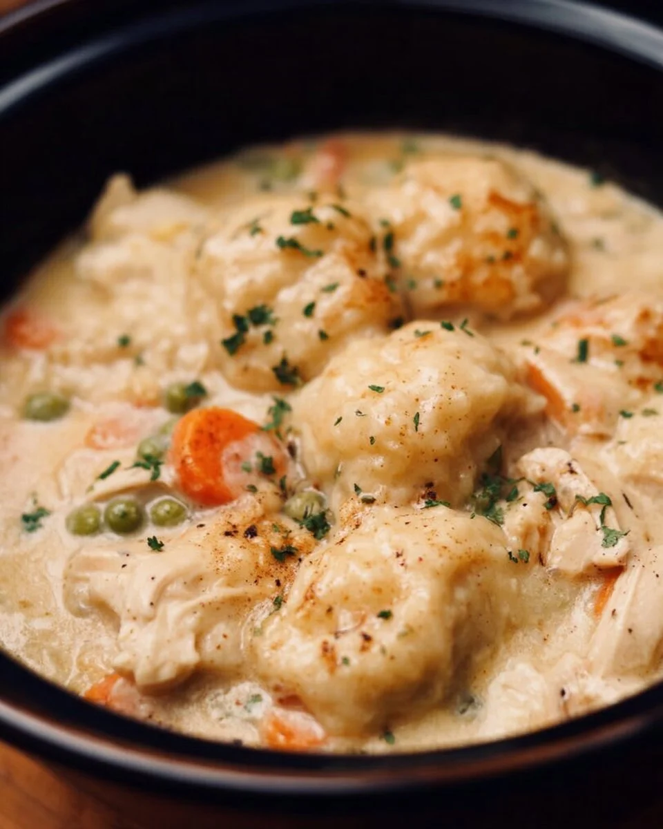Delicious slow cooker chicken and dumplings in a creamy broth