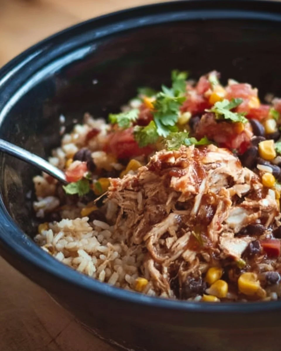 Slow cooker chicken burrito bowls with fresh ingredients and spices