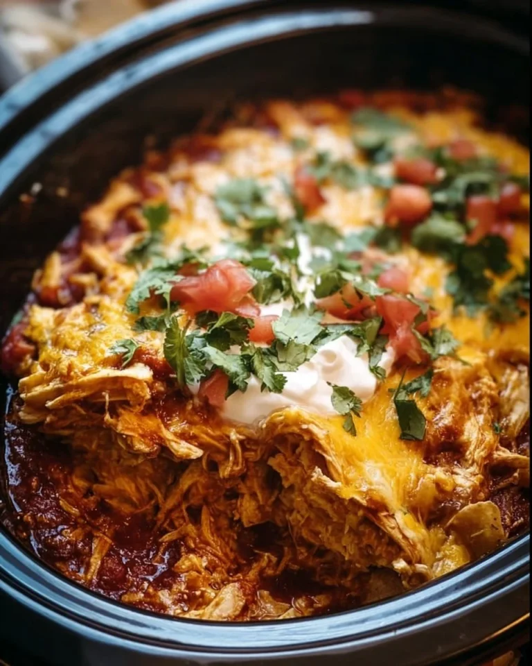 Slow Cooker Chicken Enchilada Casserole served in a colorful dish