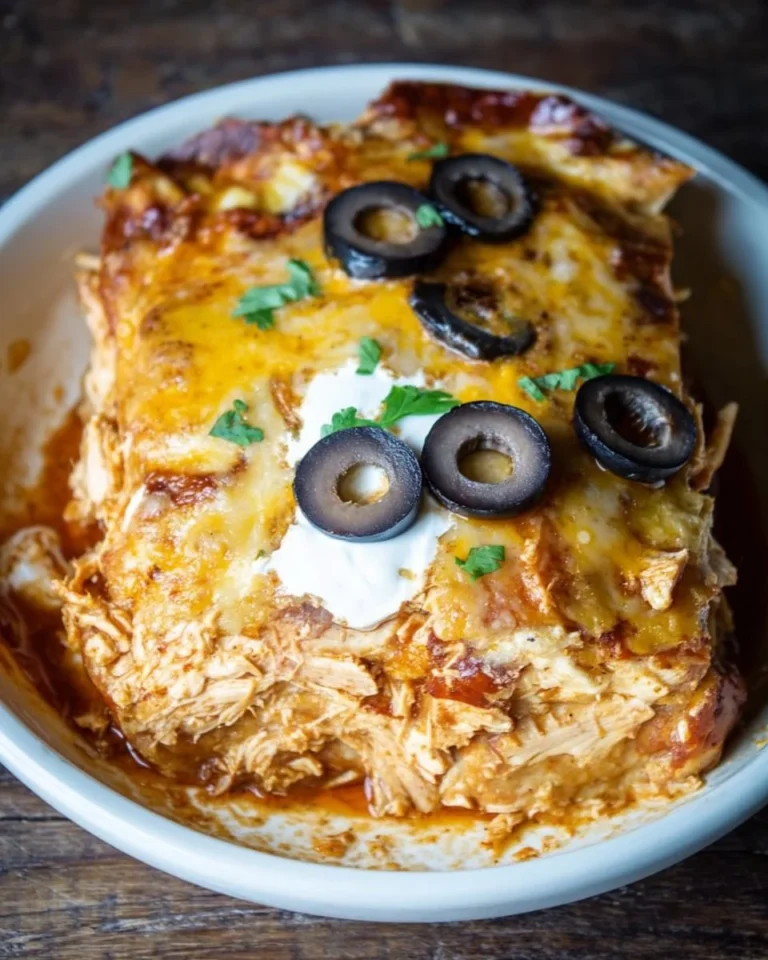 Slow Cooker Chicken Enchilada Casserole in a serving dish with toppings.