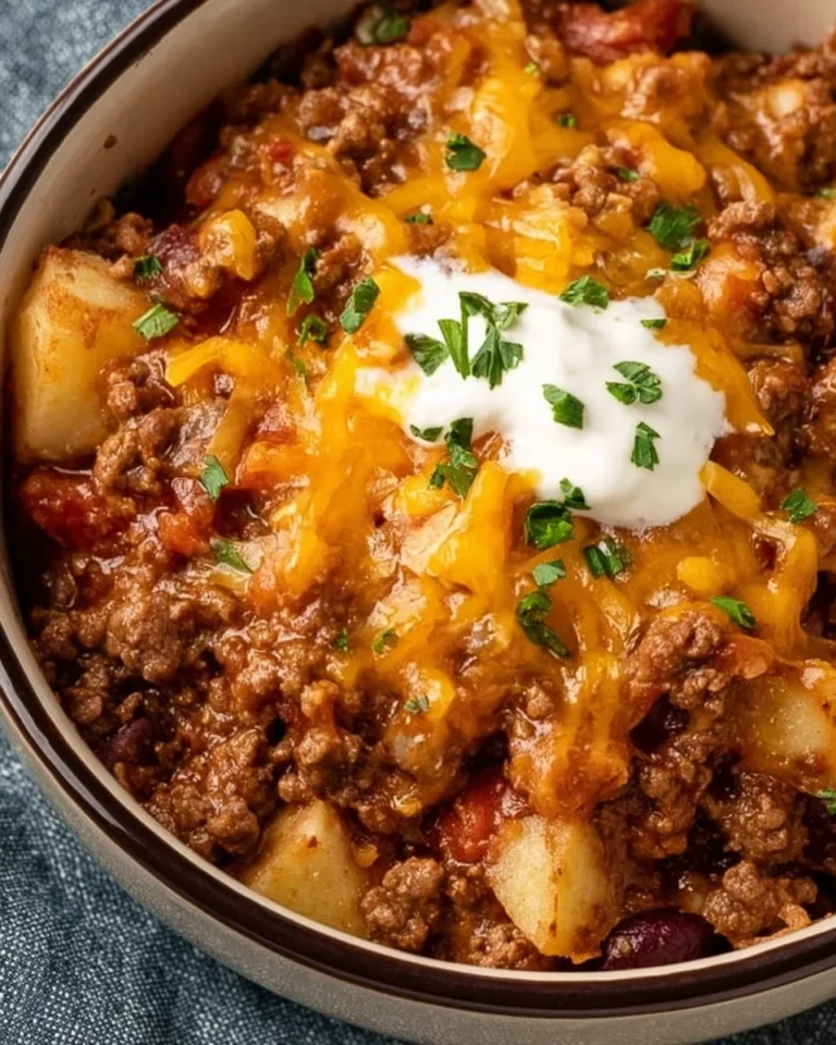 Slow Cooker Cowboy Casserole served in a bowl with toppings.