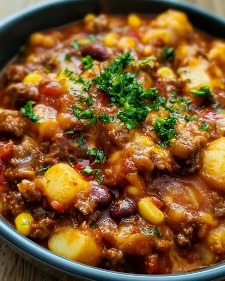 Delicious slow cooker cowboy casserole served in a bowl with toppings.