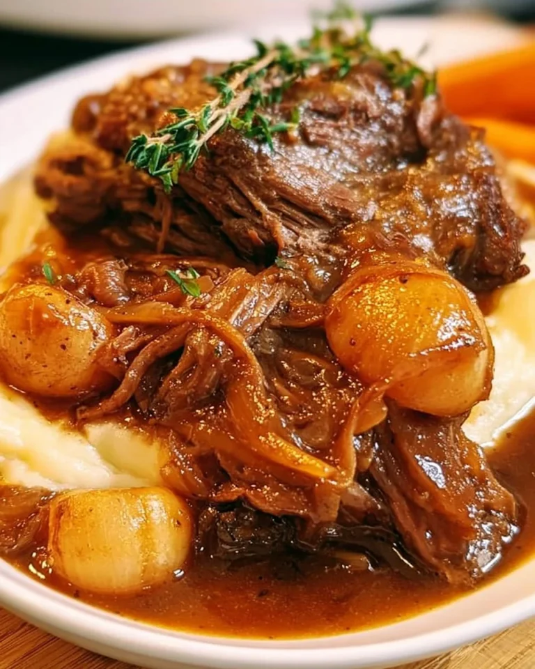 Slow Cooker French Onion Pot Roast recipe with tender beef and onion gravy.