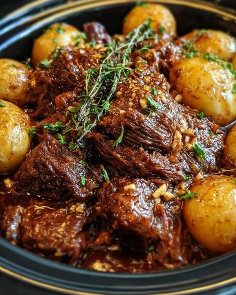 Slow Cooker Garlic Butter Beef cooking in a pot, garnished with herbs.