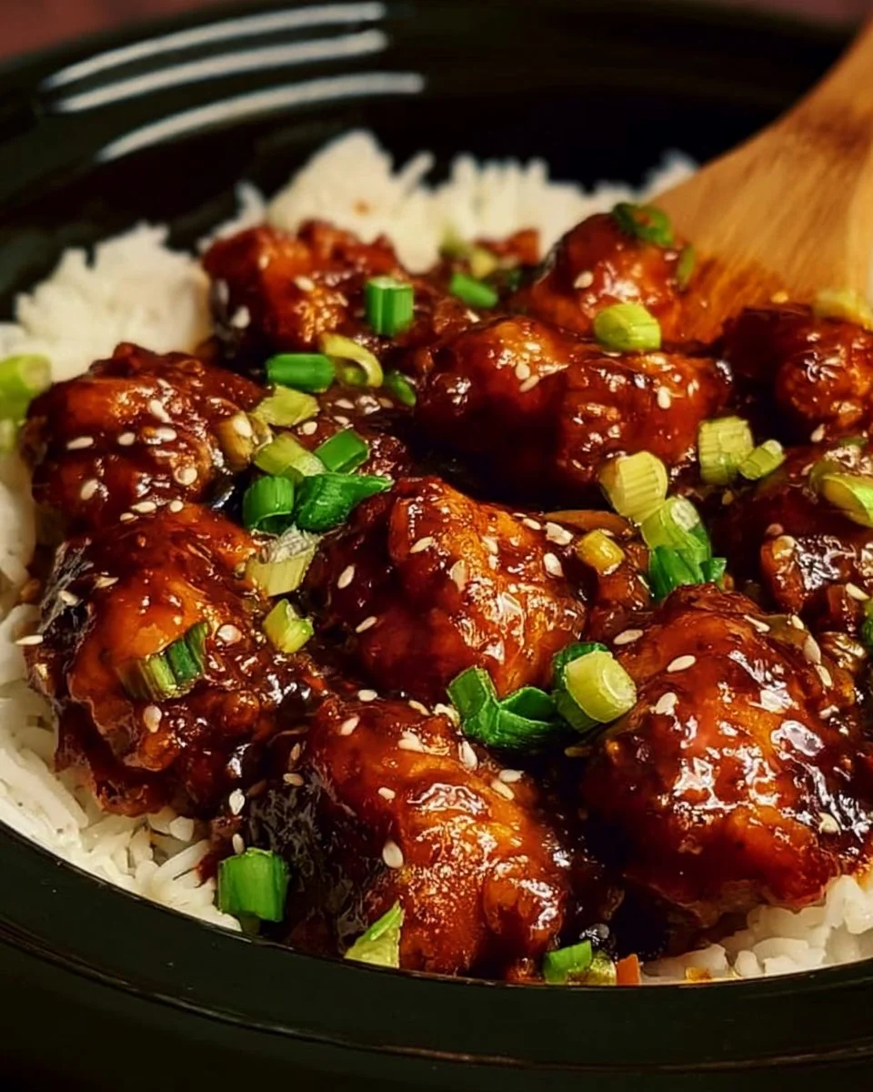 Delicious Slow Cooker General Tso Chicken served with rice and vegetables
