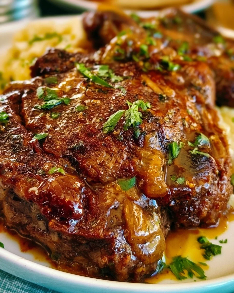 Delicious Slow Cooker Mississippi Ribeye Steaks served on a plate with herbs.