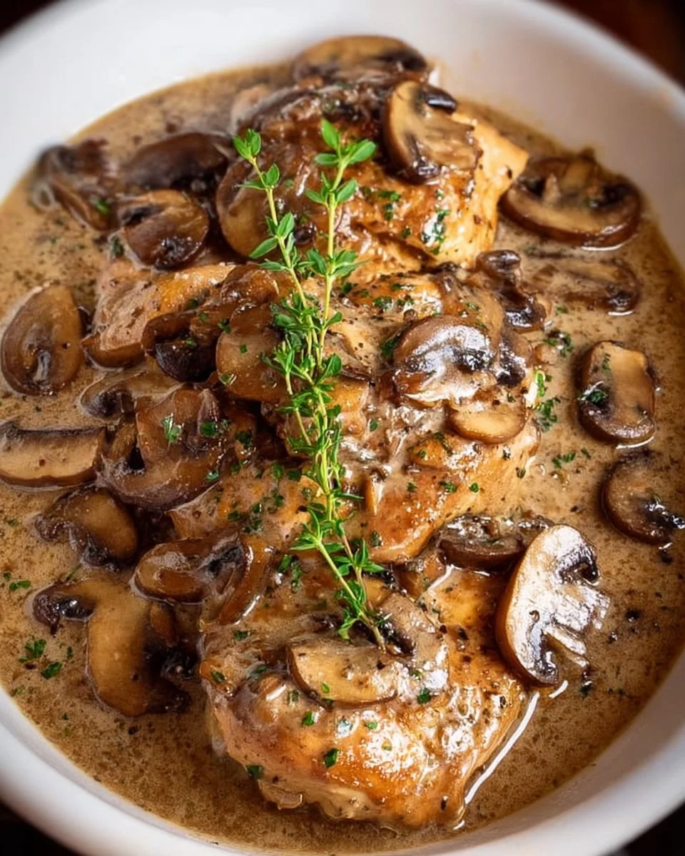 A plate of slow cooker mushroom chicken garnished with fresh herbs.