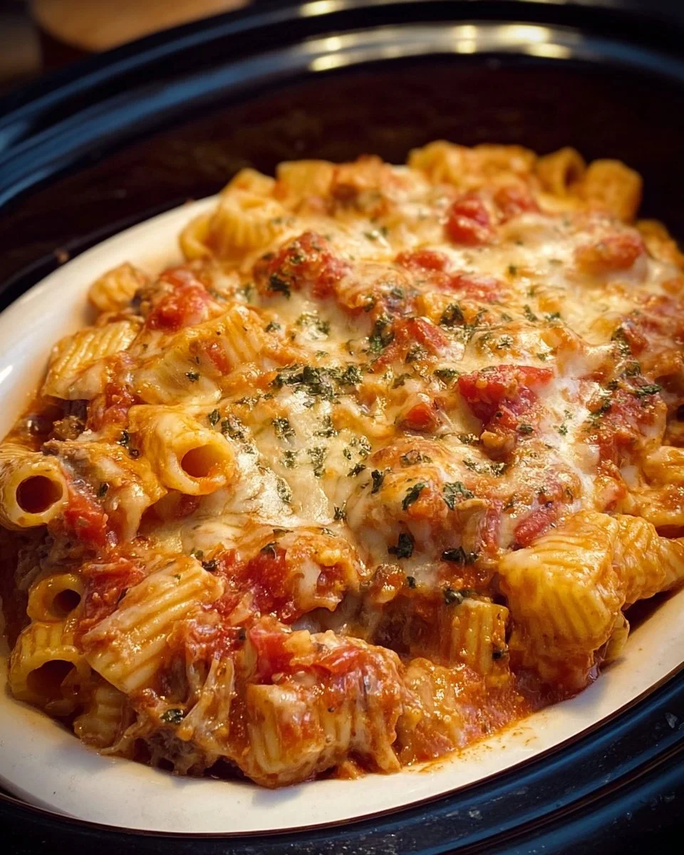 Delicious slow cooker pasta casserole ready to serve, topped with cheese and herbs.