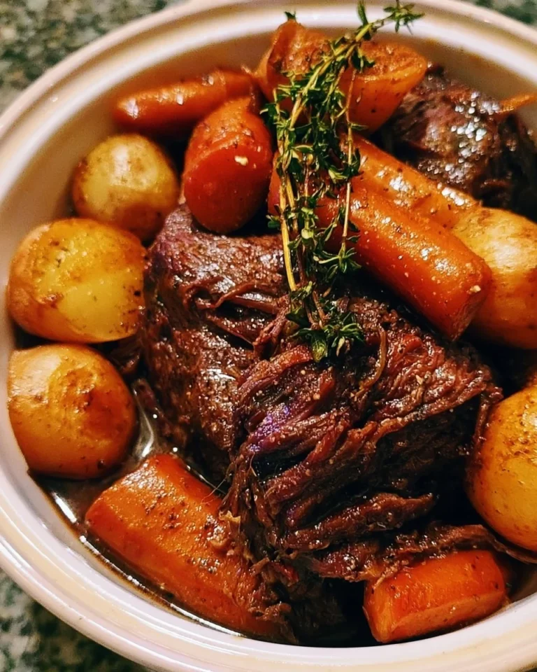 Delicious slow cooker pot roast served with vegetables on a plate
