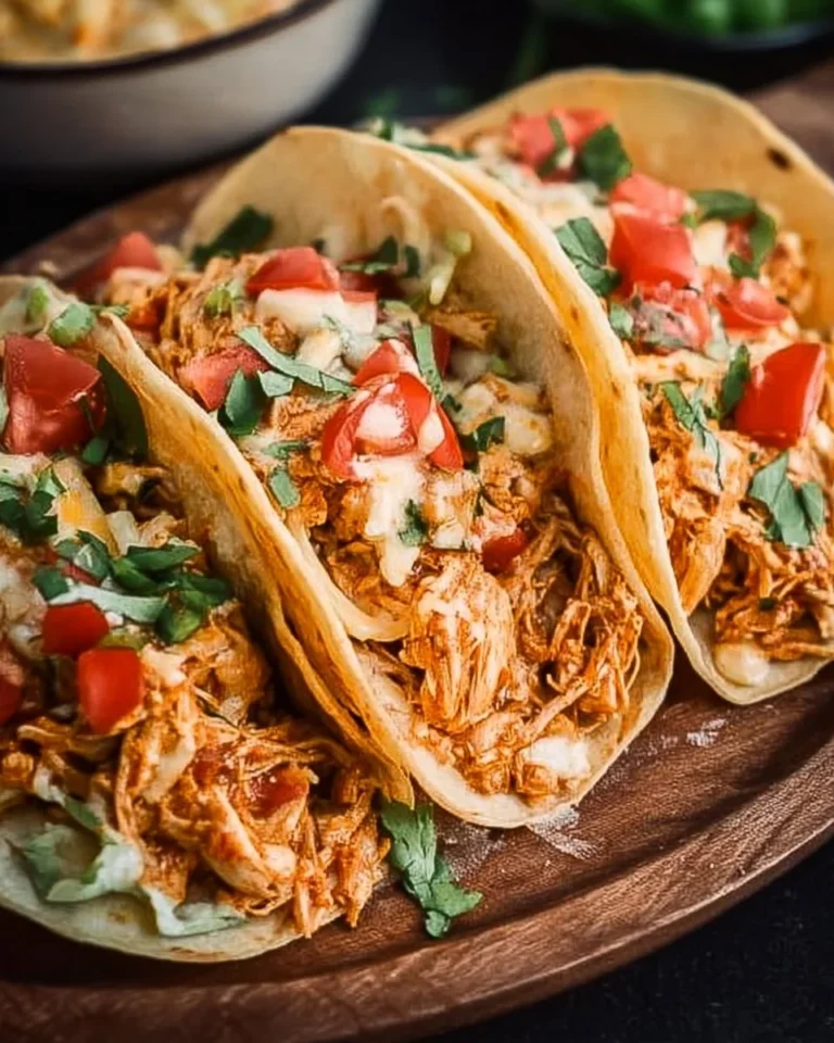 Slow cooker queso chicken tacos topped with cheese and fresh toppings