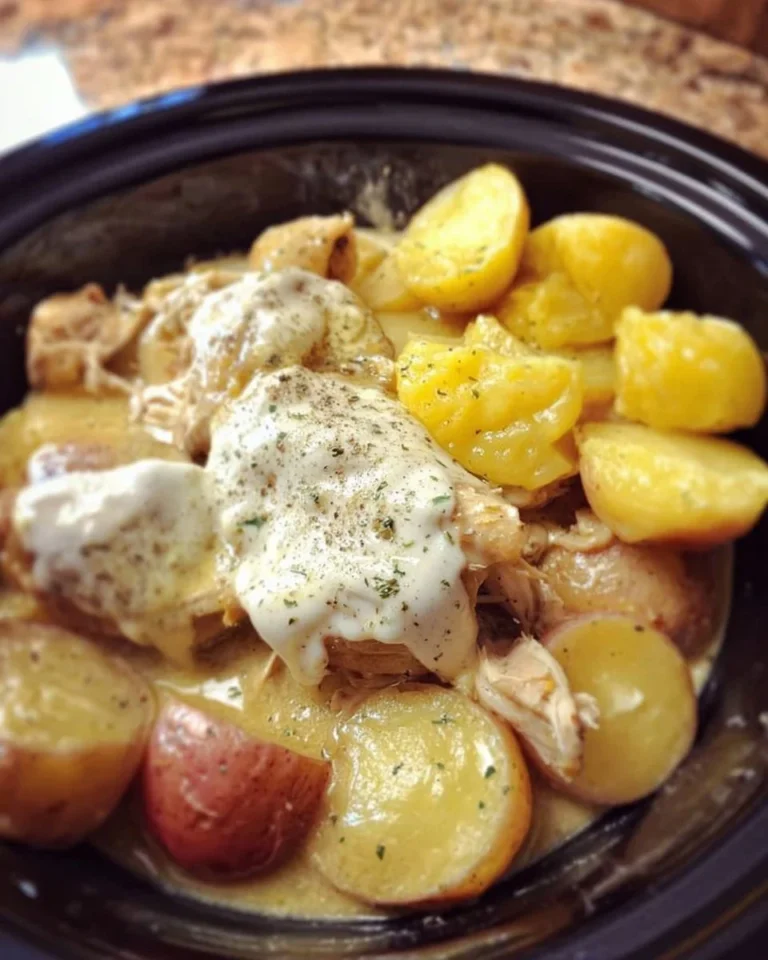Slow cooker ranch chicken with potatoes in a bowl, ready to serve
