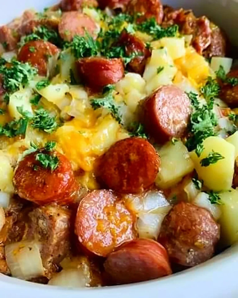 Delicious slow cooker sausage potato casserole served in a bowl