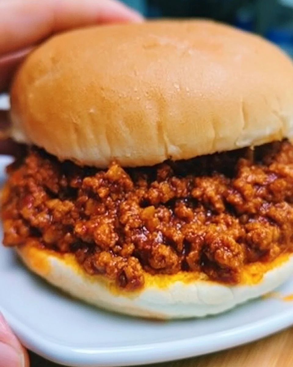 Slow cooker sloppy joes in a serving dish with buns and toppings.