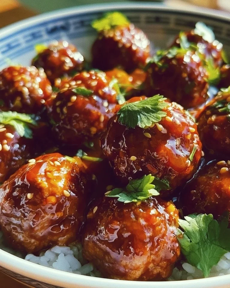 Plate of savory sweet chili meatballs garnished with green onions.