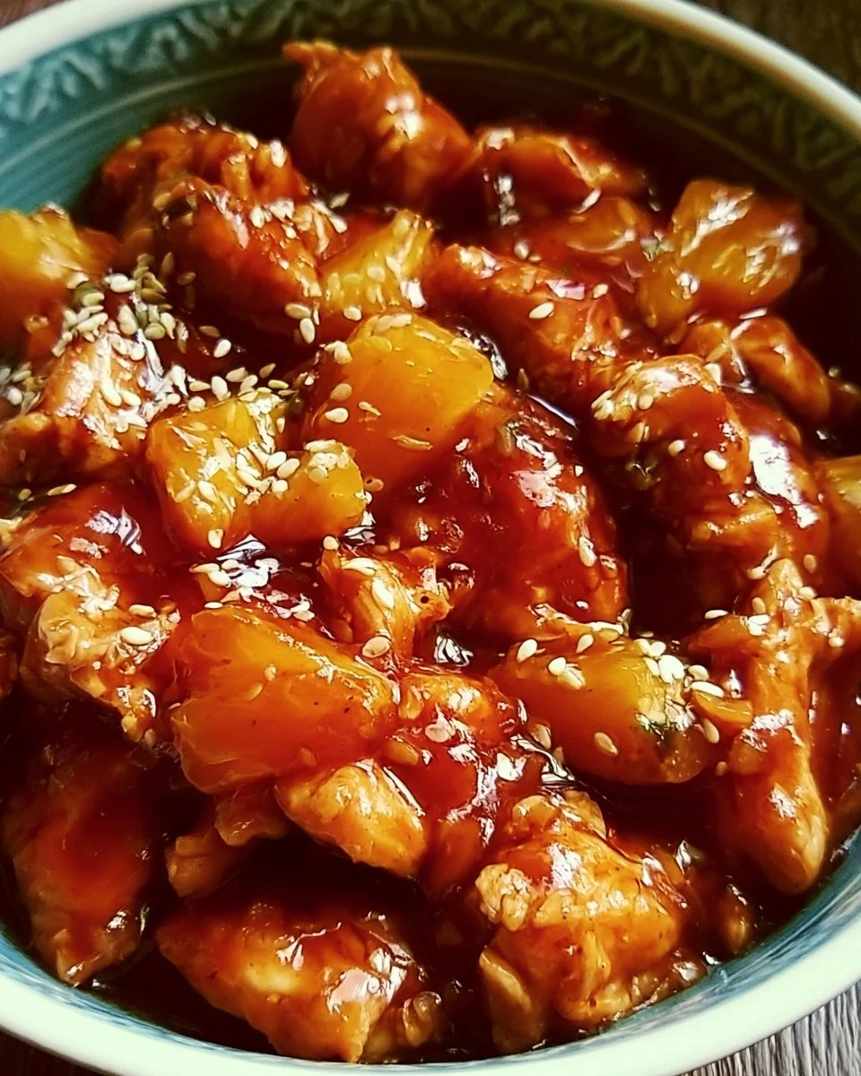 Delicious Sweet Hawaiian Crockpot Chicken served with rice and fresh herbs