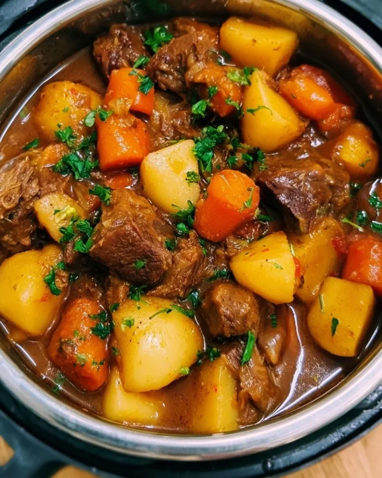 Delicious Instant Pot beef stew in a bowl with fresh herbs garnishing