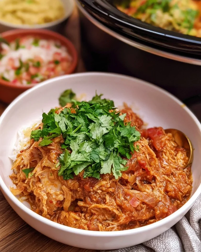 Delicious 5-Ingredient Crockpot Salsa Chicken in a bowl garnished with cilantro.