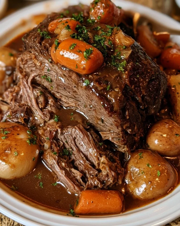 Delicious best ever crockpot roast dinner with vegetables and herbs
