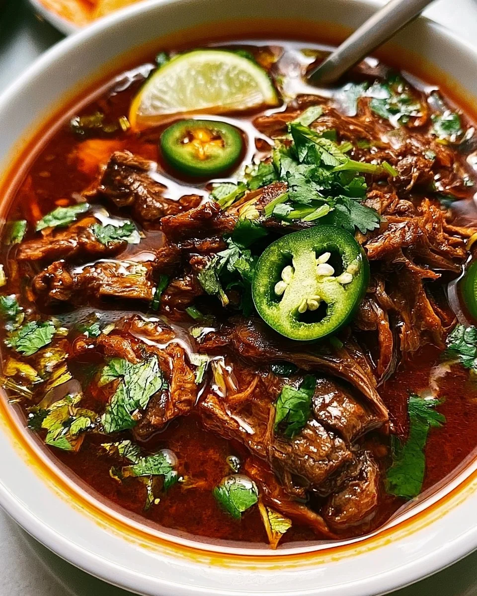 A bowl of Birria de Res, a traditional Mexican beef stew, garnished with herbs.