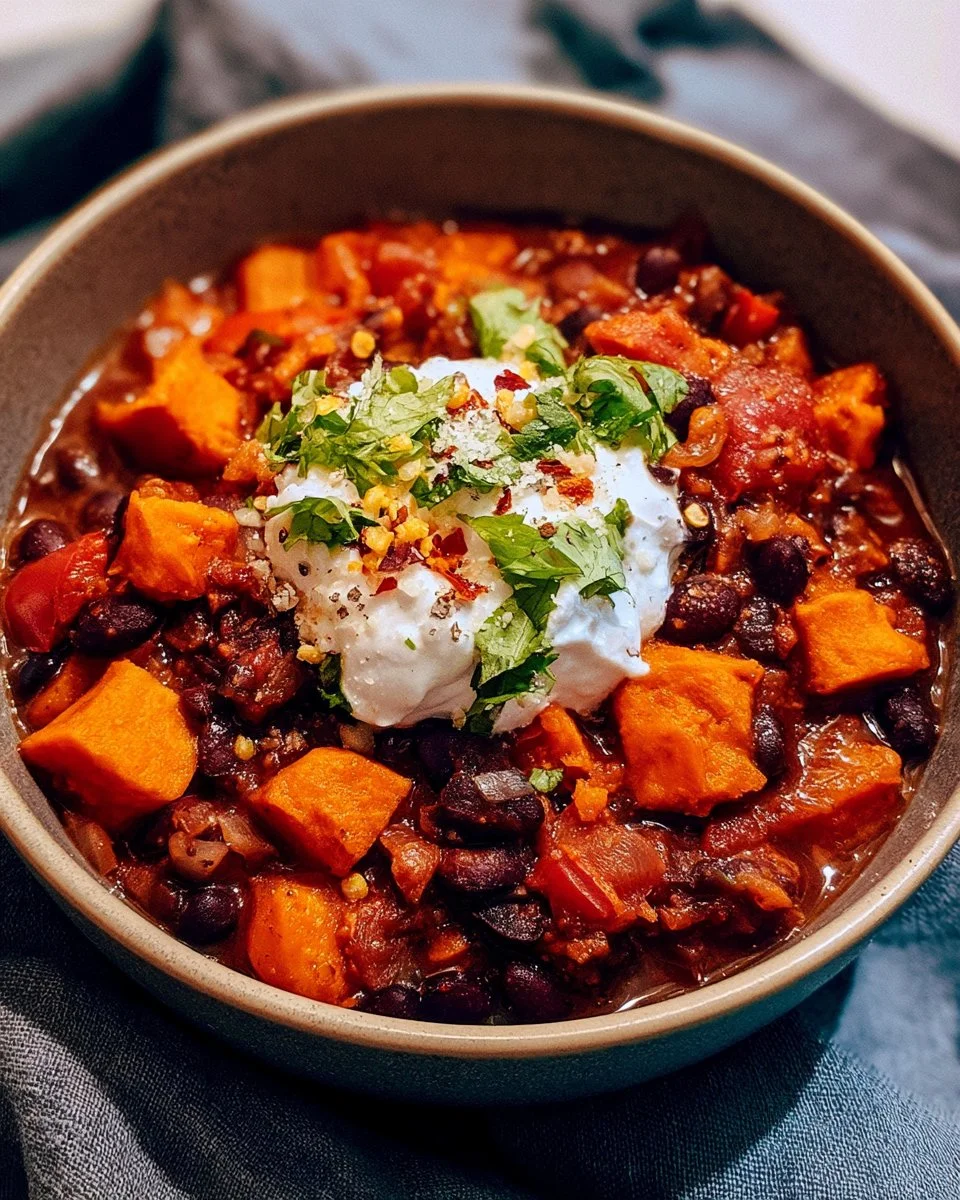 Delicious bowl of black bean sweet potato chili topped with fresh herbs