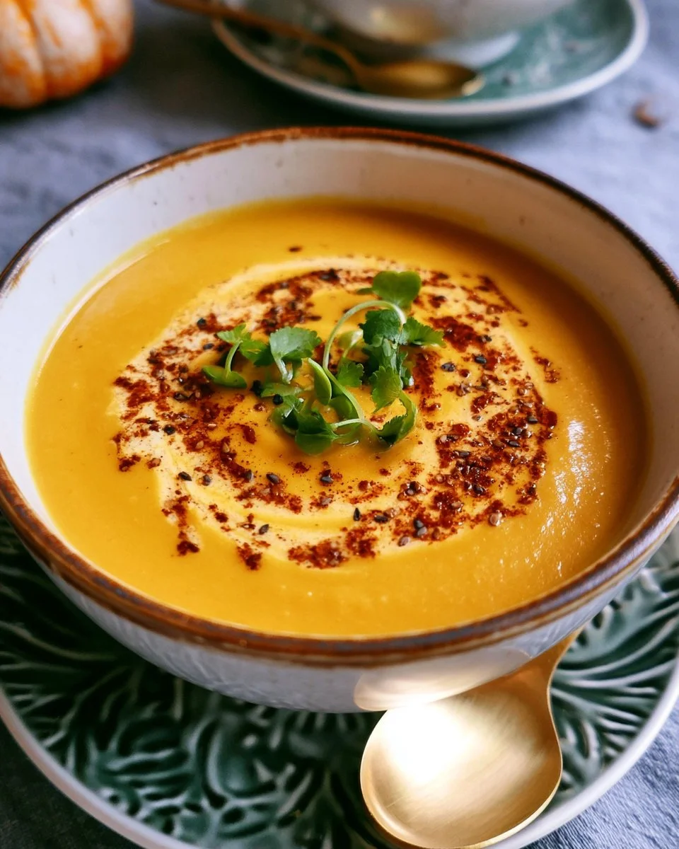 Creamy butternut squash soup with sweet potatoes and miso in a bowl
