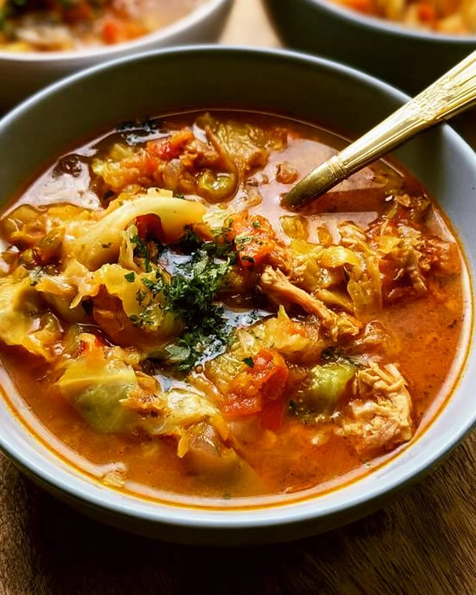 Bowl of Cabbage and Turkey Soup garnished with herbs