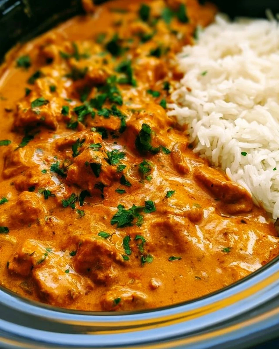 Delicious plate of crave-worthy butter chicken served with steamed rice.