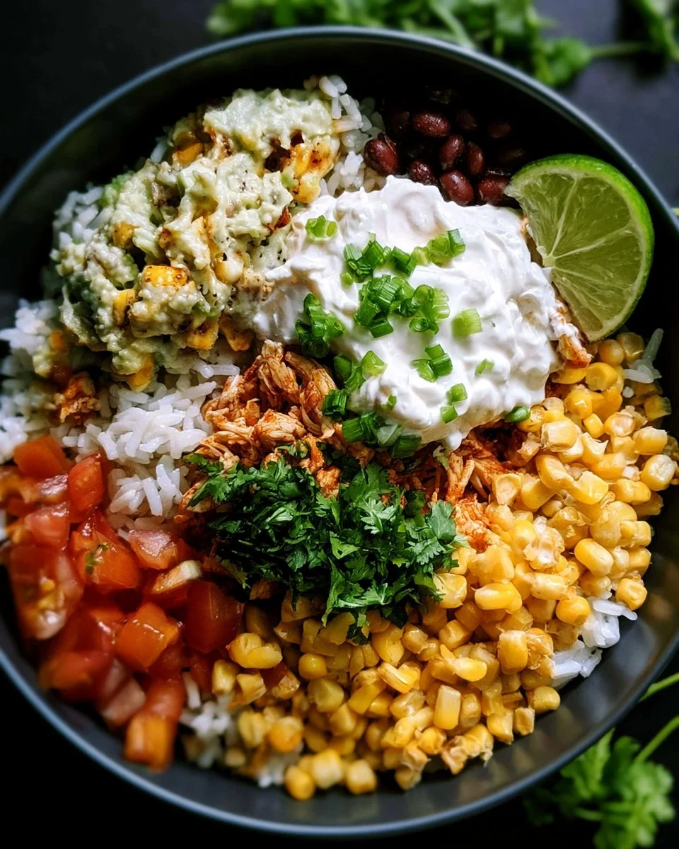 Delicious and colorful chicken burrito bowl with toppings and fresh ingredients