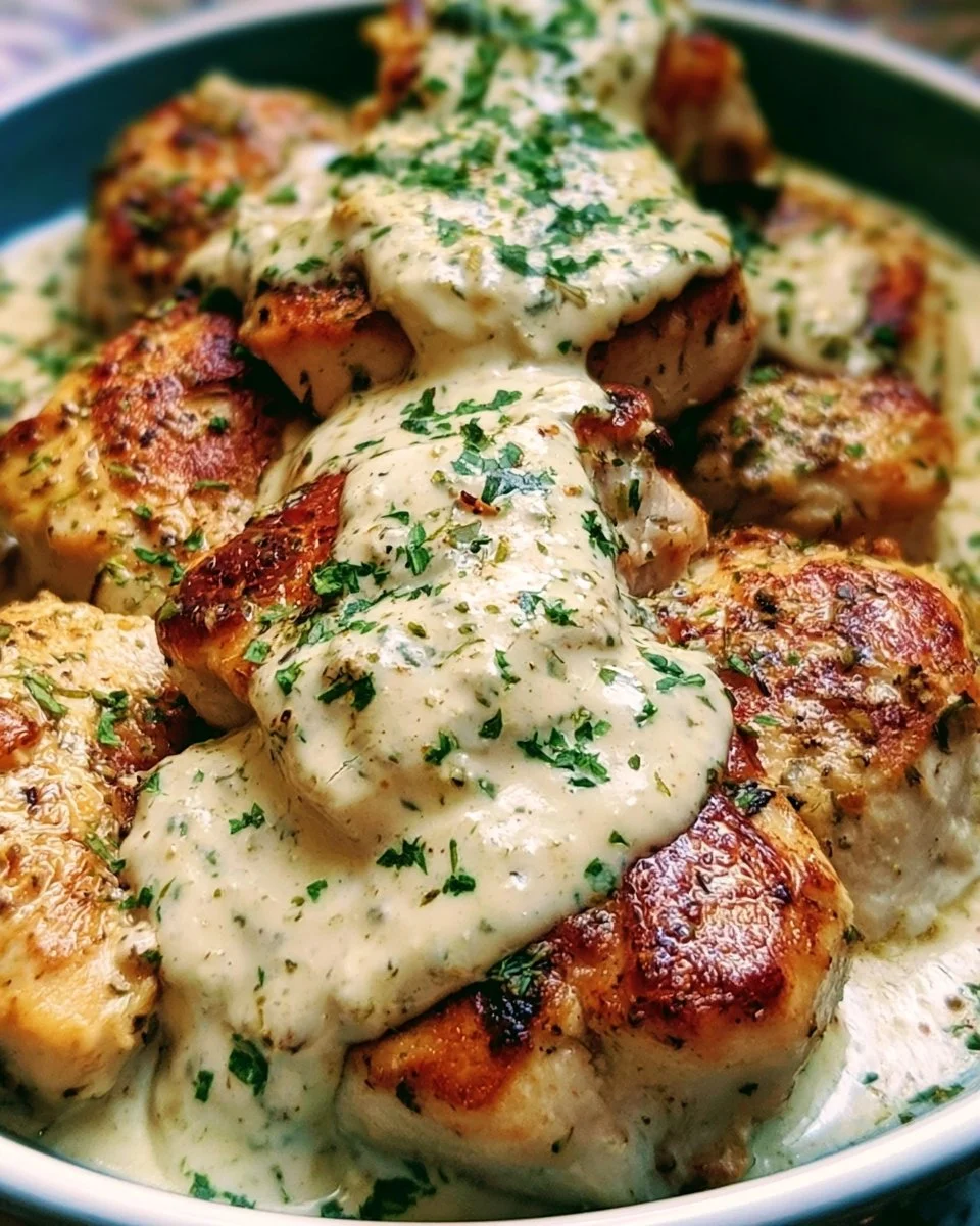 Creamy crockpot chicken dish served in a bowl with herbs and spices
