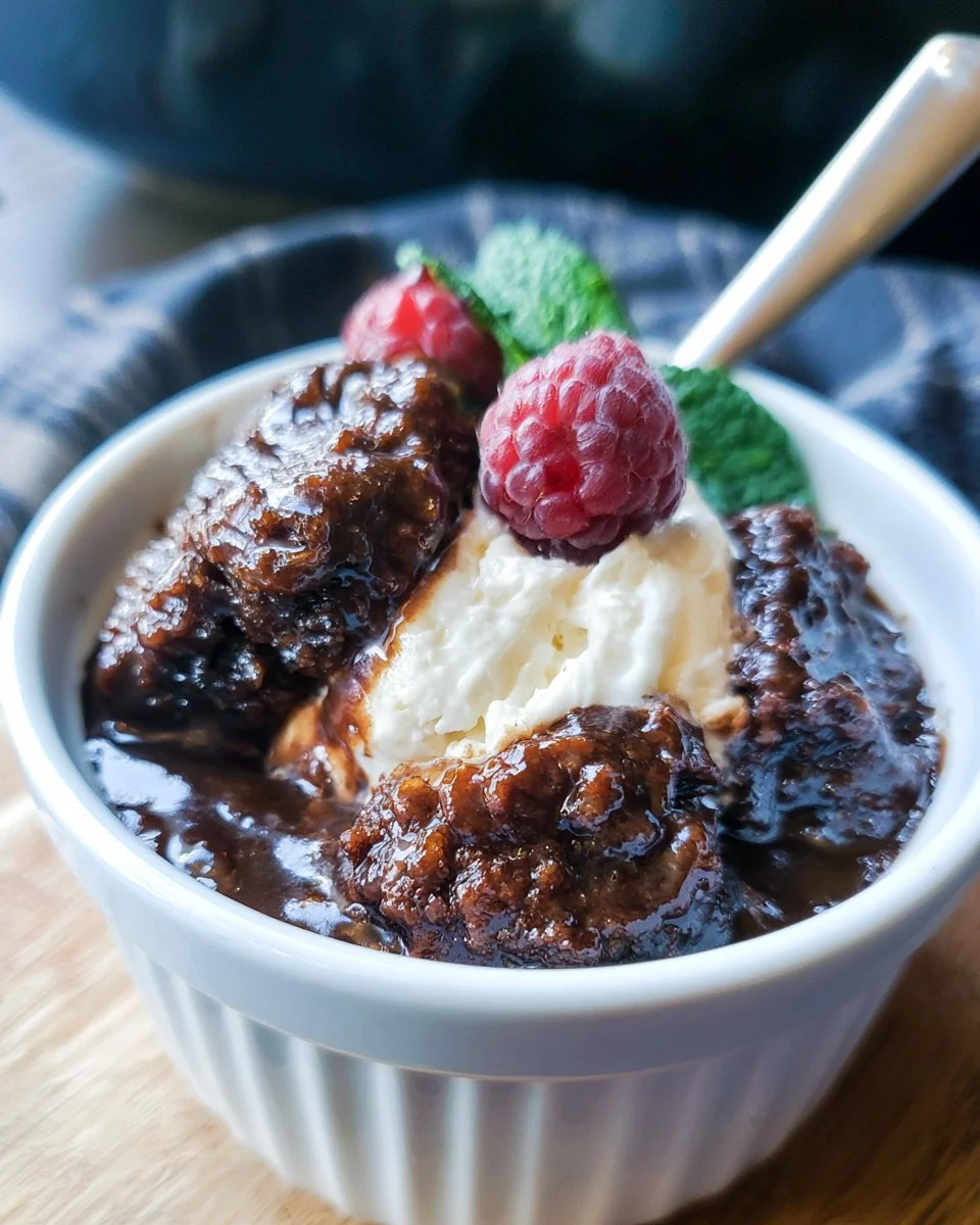 Delicious crockpot chocolate cobbler dessert served in a bowl