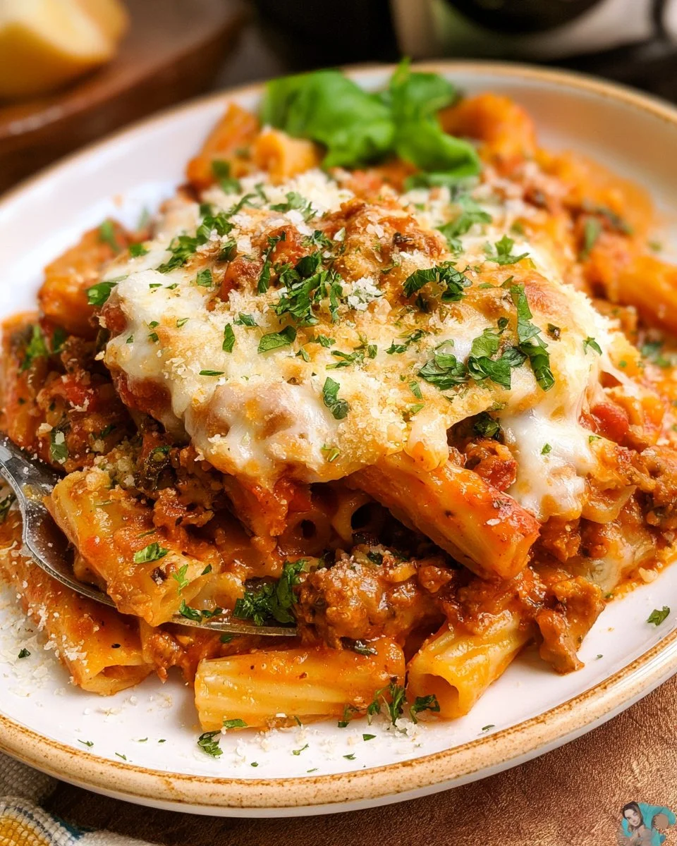 Delicious Crockpot Ziti served in a bowl with melted cheese and herbs