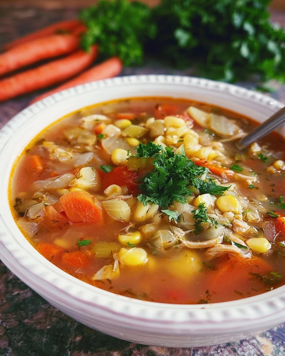 Bowl of healthy chicken soup filled with vegetables and herbs