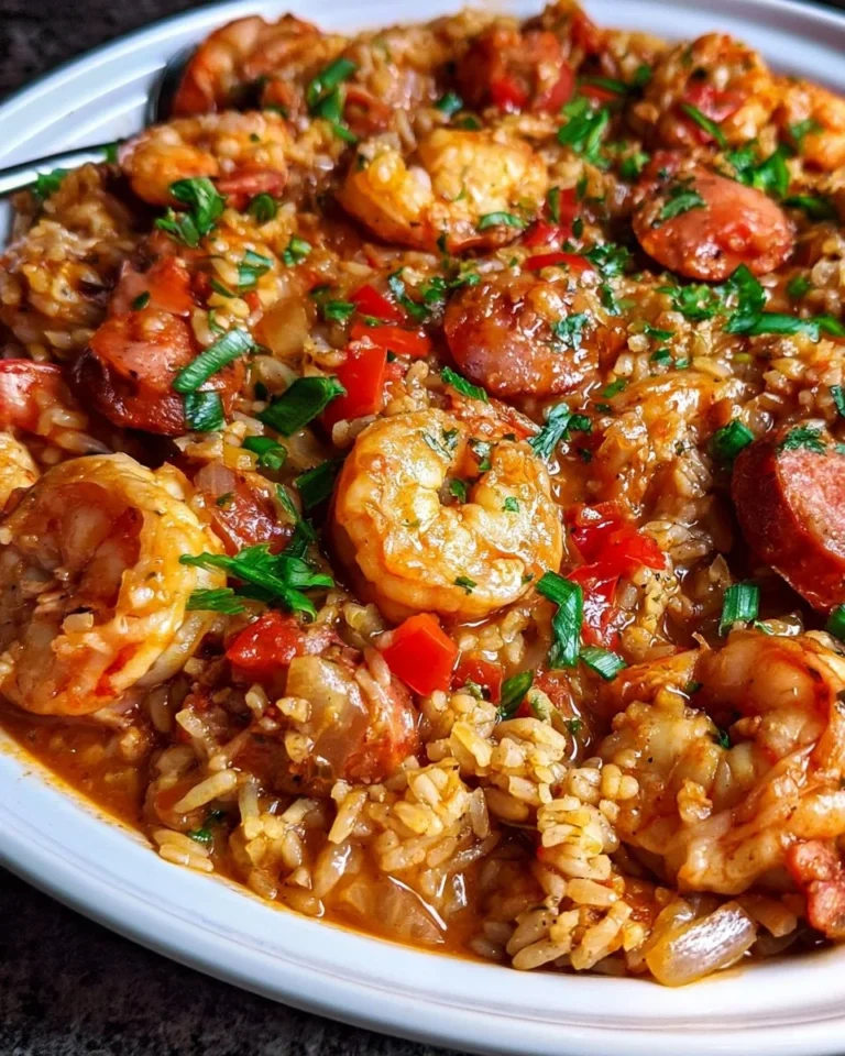 Delicious homemade jambalaya with shrimp, sausage, and vibrant spices.