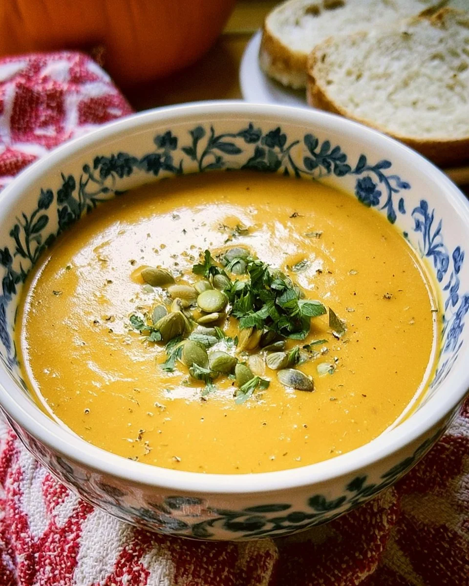 Creamy crock pot butternut squash soup served in a bowl with herbs.