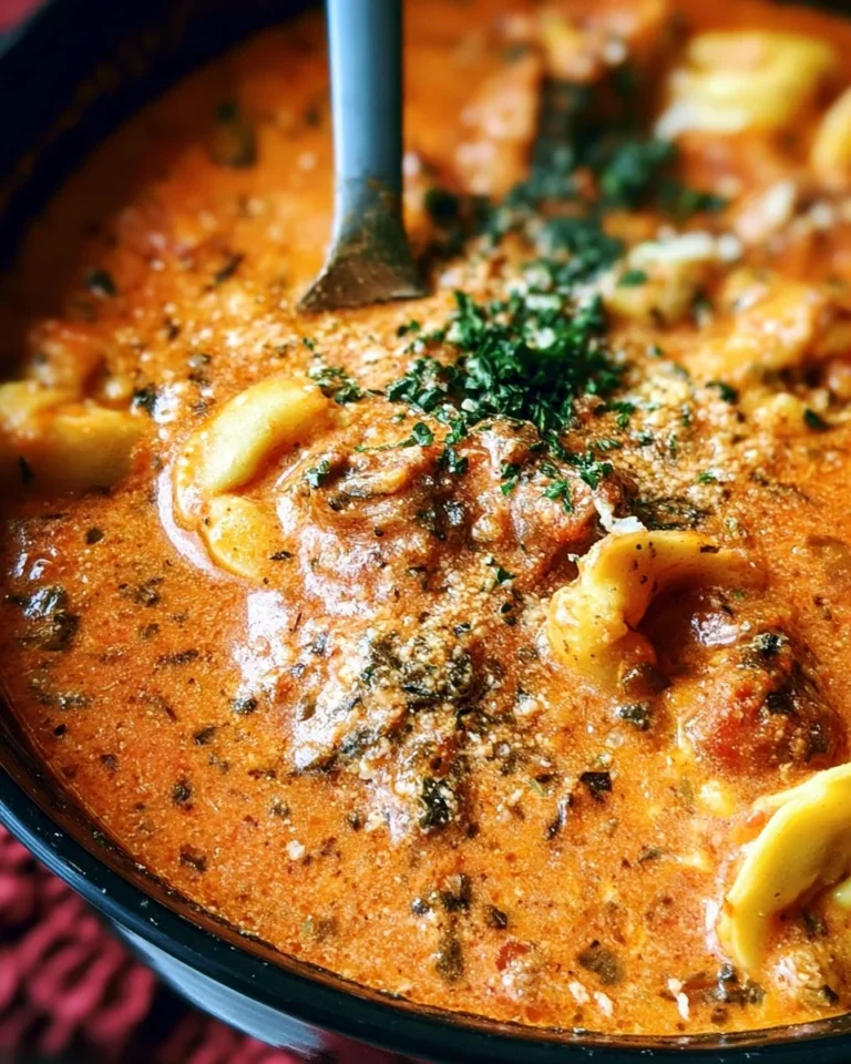 Bowl of creamy tomato sausage tortellini soup topped with herbs