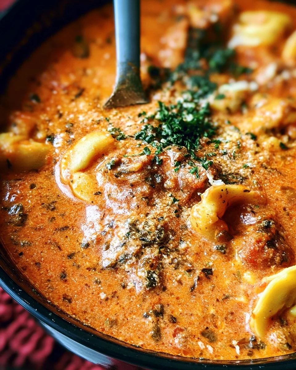 Bowl of creamy tomato sausage tortellini soup topped with herbs