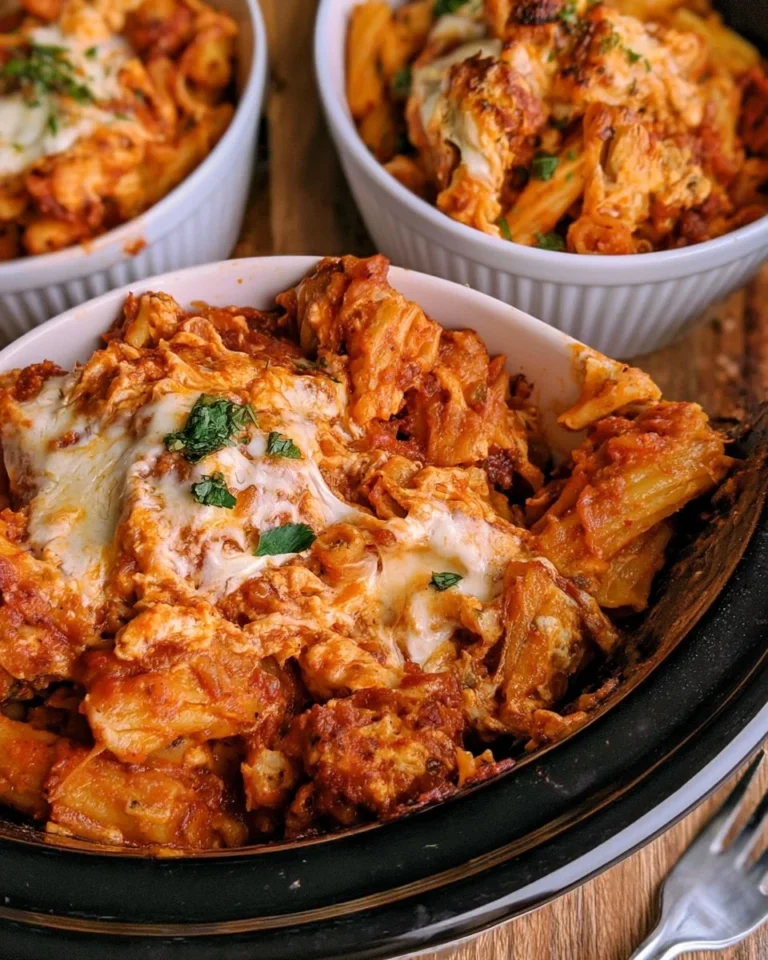 Delicious Crock Pot Baked Ziti topped with melted cheese