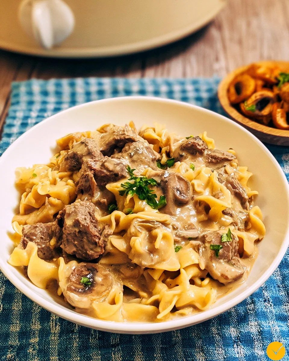Delicious Crock Pot Beef Stroganoff served with wide noodles