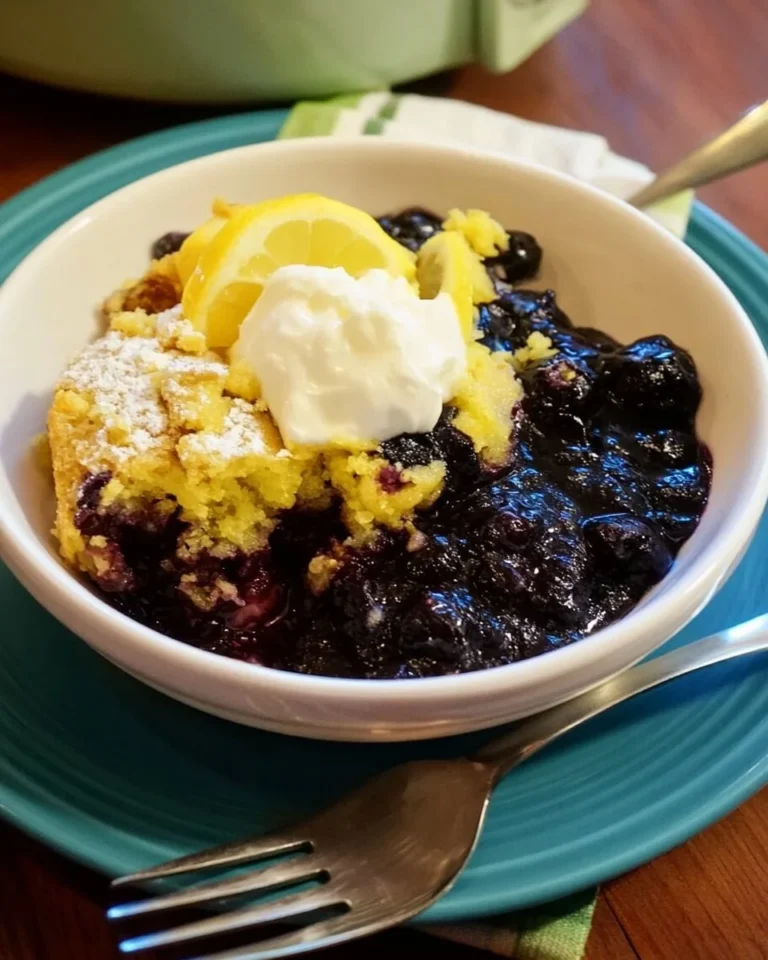 Deliciously moist crock pot blueberry lemon dump cake with fresh blueberries